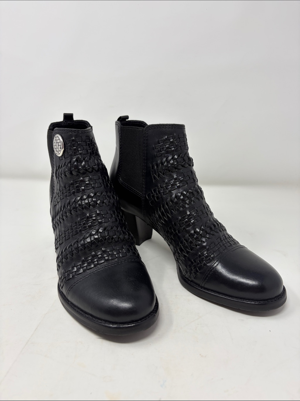 Brighton Black Woven Leather Heeled Ankle Boots W/Silver Medallion Brand New